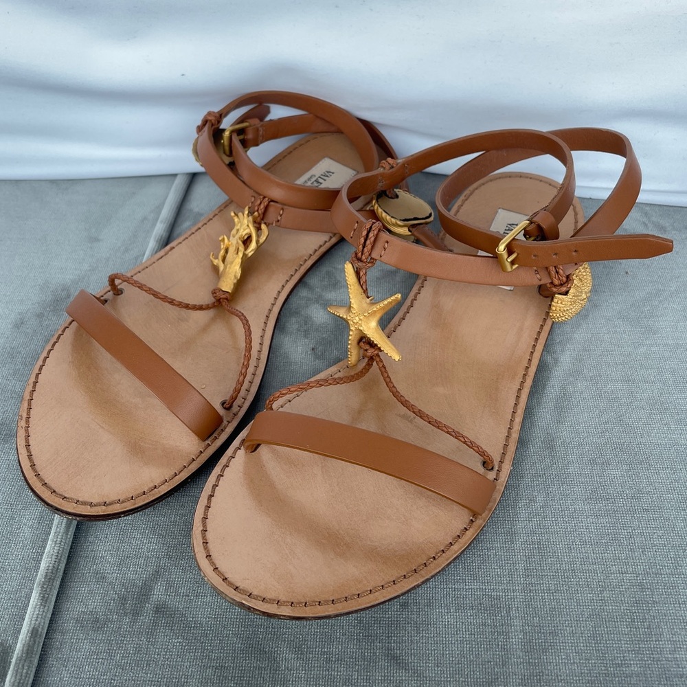 Valentino Gold Seashell Light Brown Leather Sandals